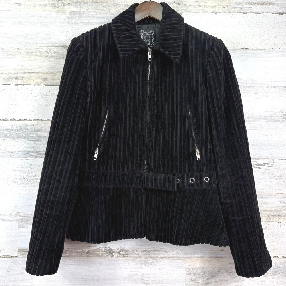 Cynthia Rowley Y2K Corduroy Peplum Jacket 6 Black Zip Up Belted Whimsigoth Goth